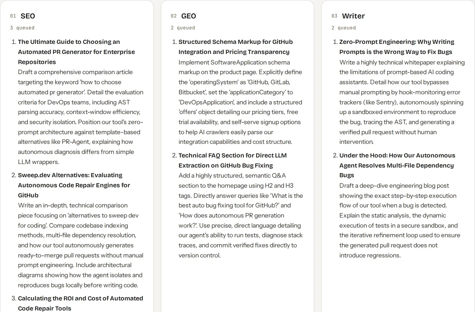 The real work queue: each seat returns titled, executable items rather than advice.